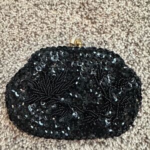 Vintage Black Satin Beaded Sequin Coin purse, Made in Hong Kong bejeweled